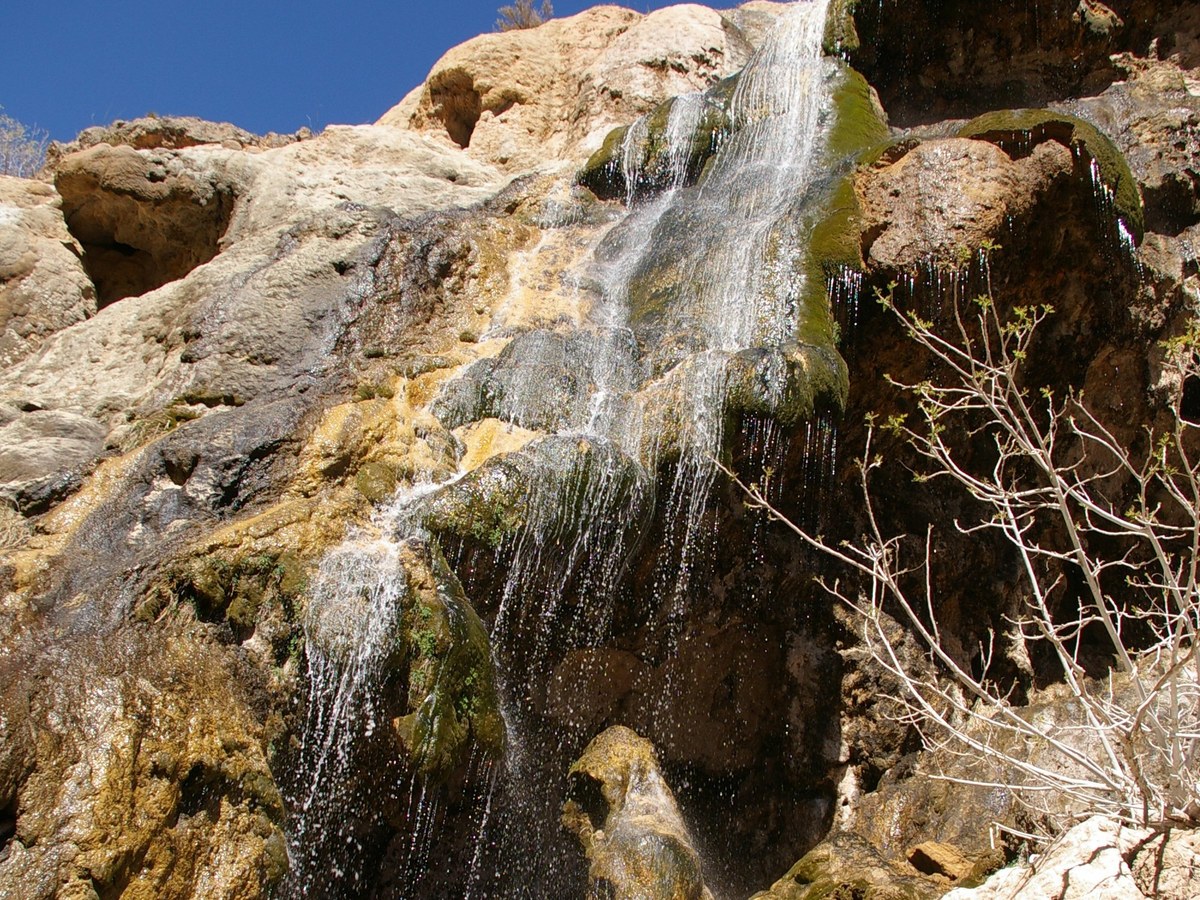 Sitting Bull Falls flowing over a pale limestone wall